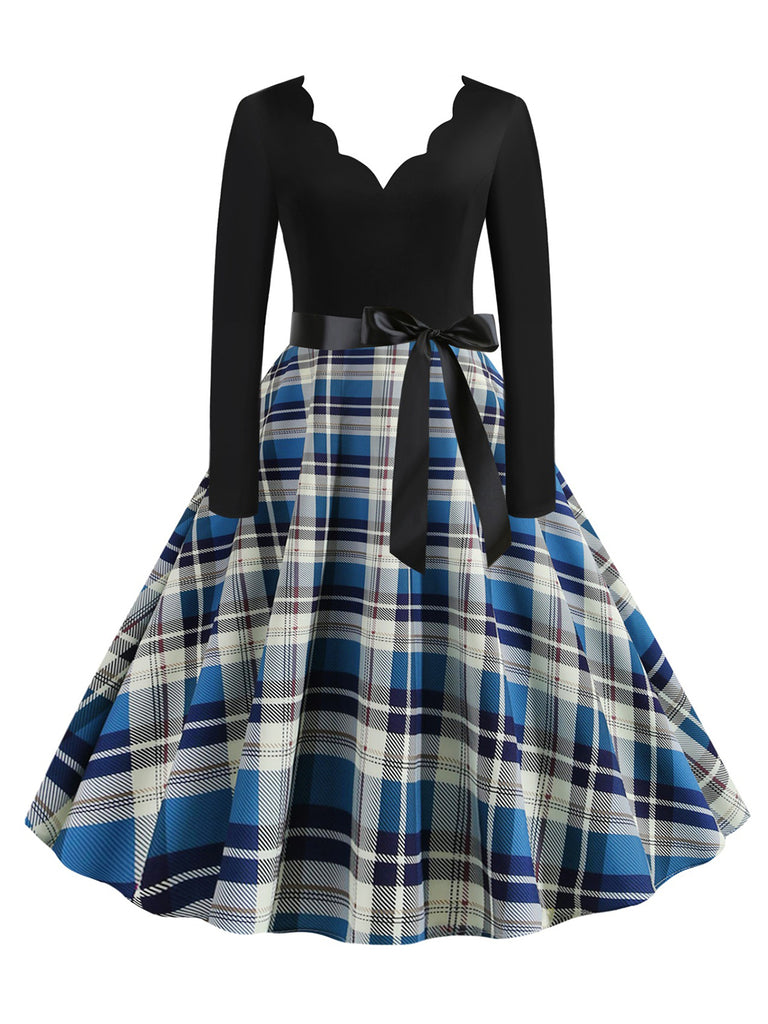 1950s V-Neck Long Sleeves Plaid Swing Dress