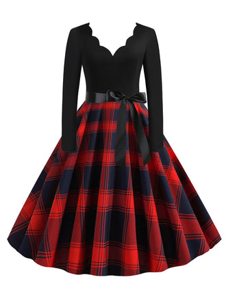 1950s V-Neck Long Sleeves Plaid Swing Dress