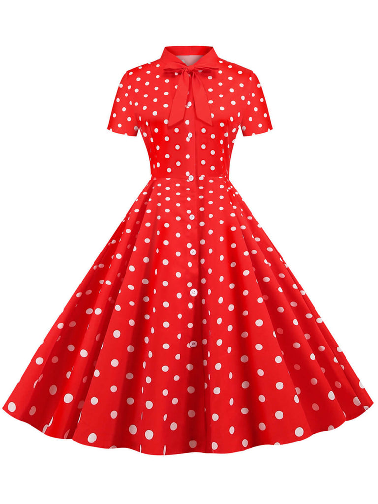 1950s Bow Collar Striped Dots Swing Dress