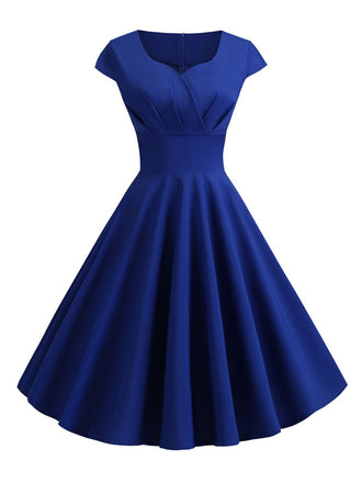 1950s Solid Heart Neck Short Sleeve Dress