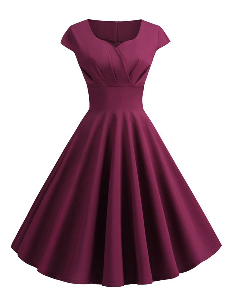 1950s Solid Heart Neck Short Sleeve Dress