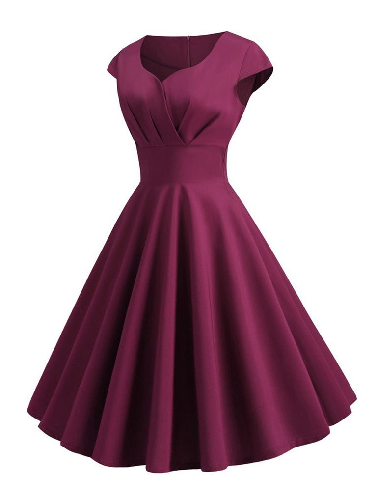 1950s Solid Heart Neck Short Sleeve Dress