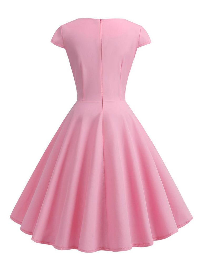 1950s Solid Heart Neck Short Sleeve Dress