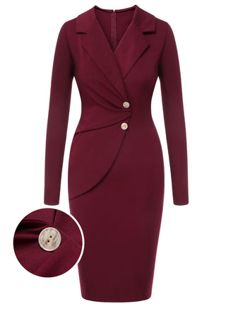 Purplish Red 1940s Solid Long Sleeved Lapel Dress