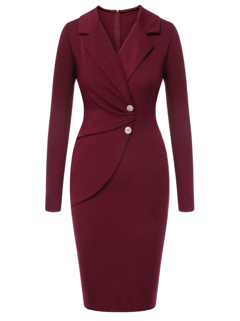 Purplish Red 1940s Solid Long Sleeved Lapel Dress