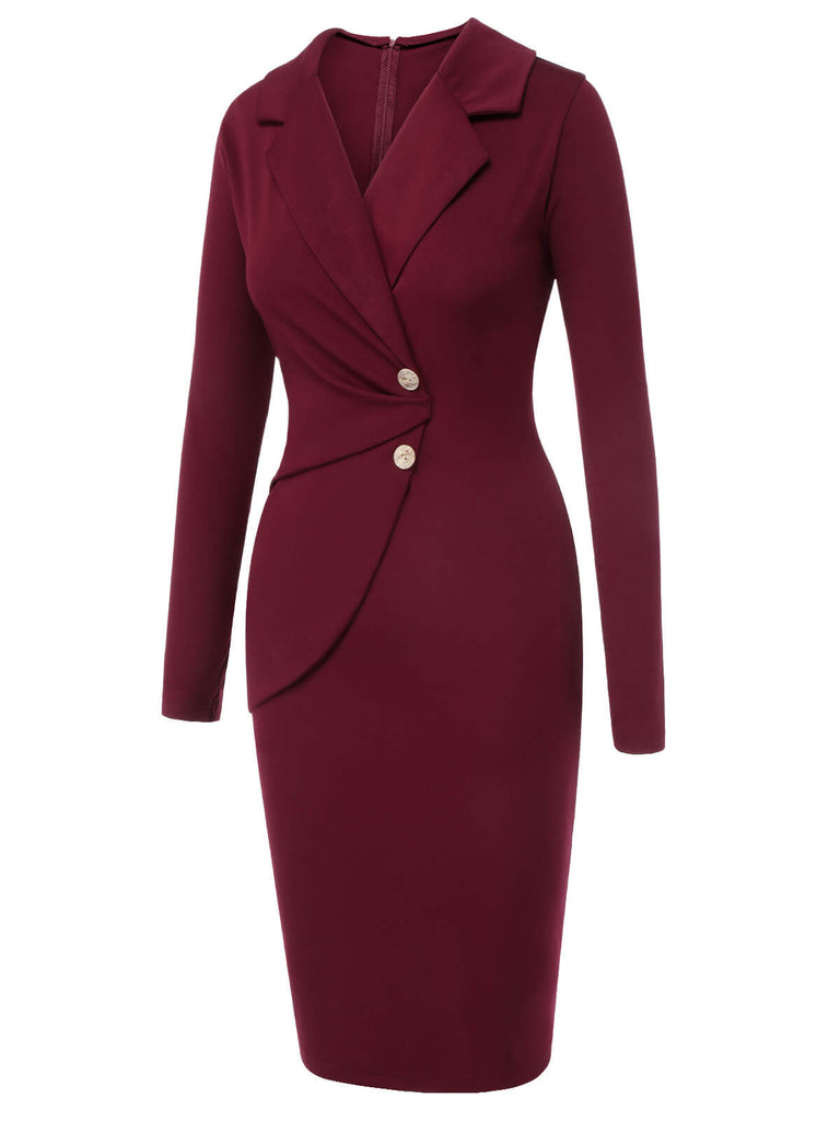 Purplish Red 1940s Solid Long Sleeved Lapel Dress