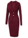 Purplish Red 1940s Solid Long Sleeved Lapel Dress