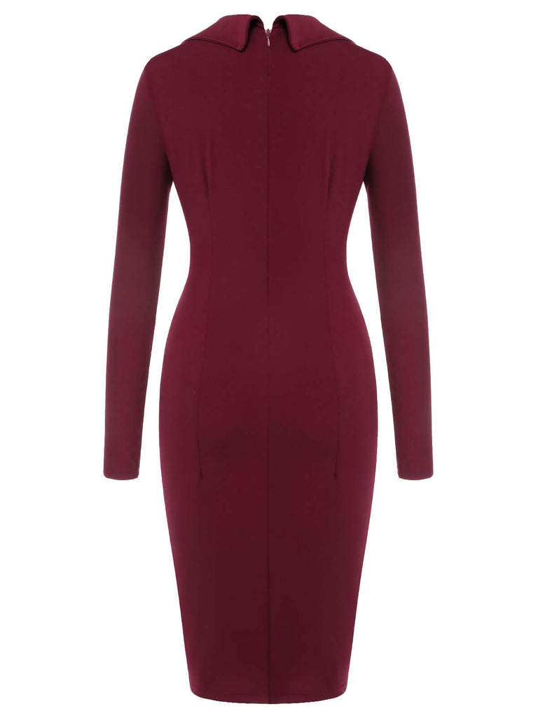 Purplish Red 1940s Solid Long Sleeved Lapel Dress
