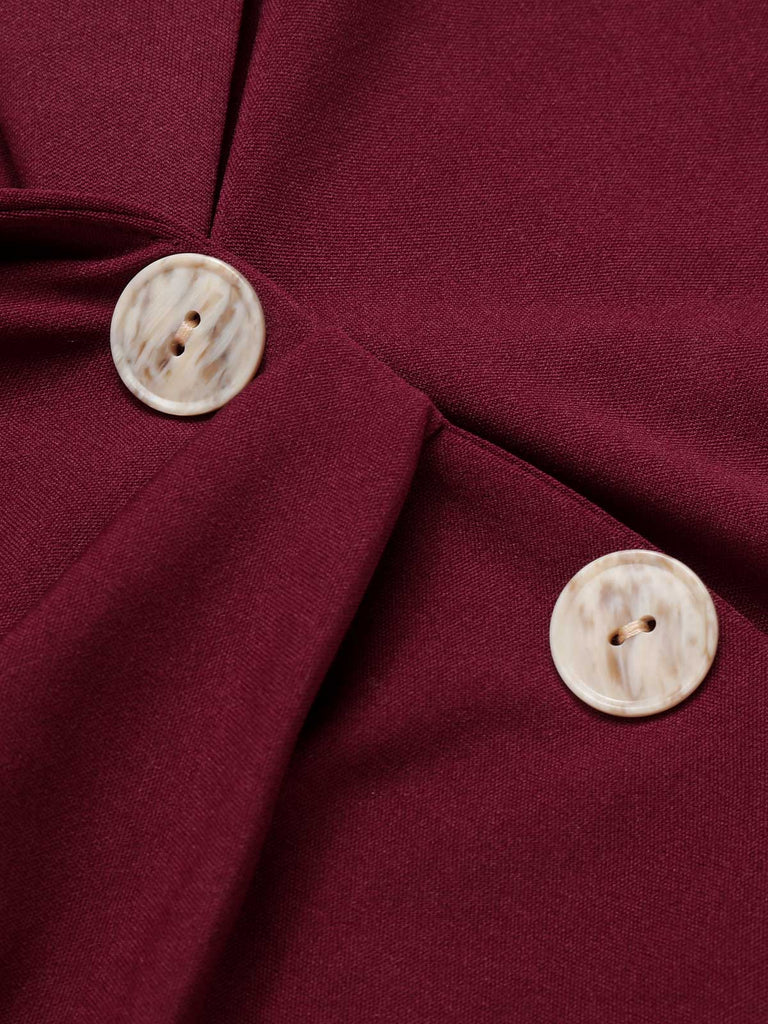 Purplish Red 1940s Solid Long Sleeved Lapel Dress