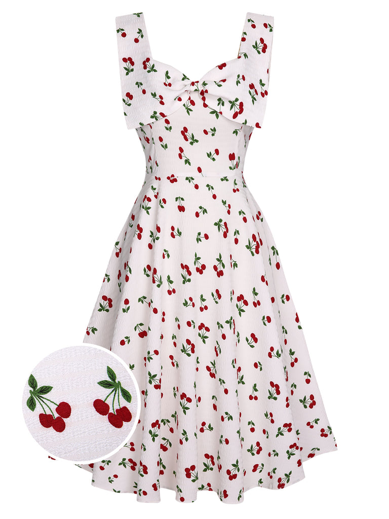 White 1950s Cherry Bow Sweetheart Neck Dress