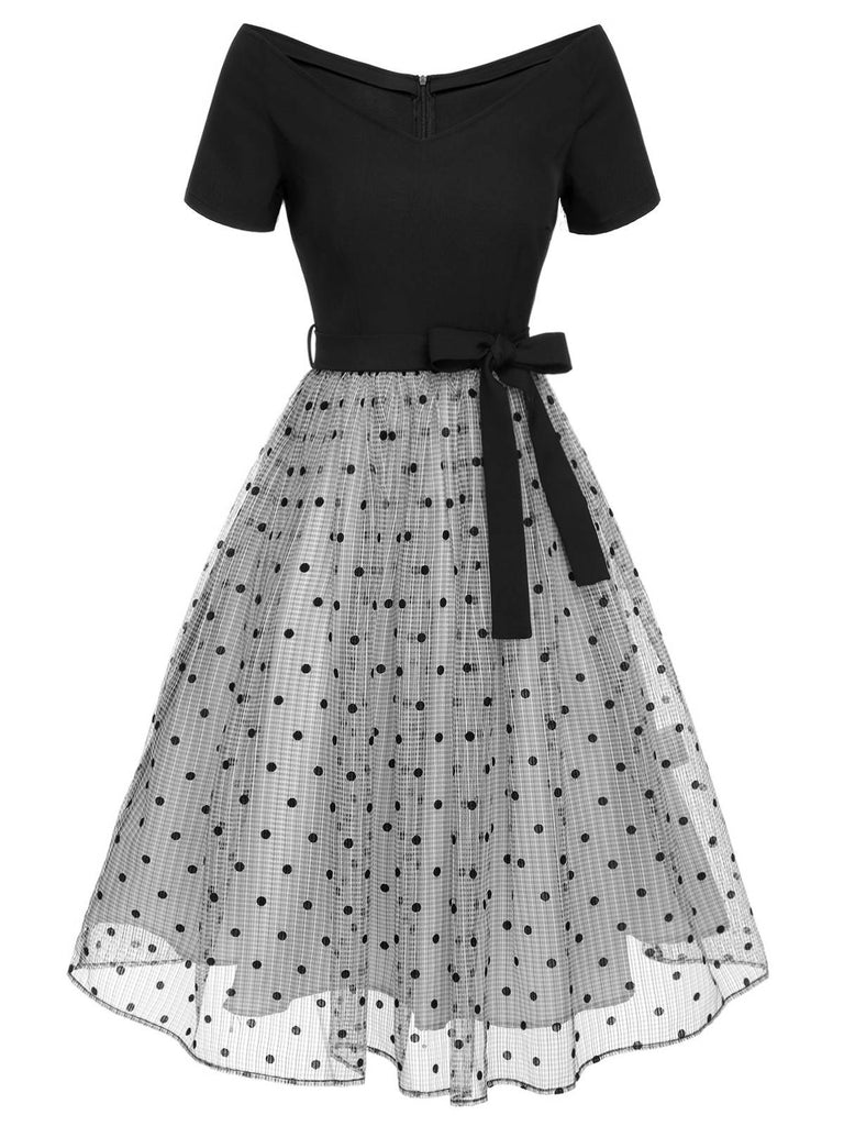 [Pre-Sale] Black 1950s Polka Dots Mesh Off-Shoulder Dress