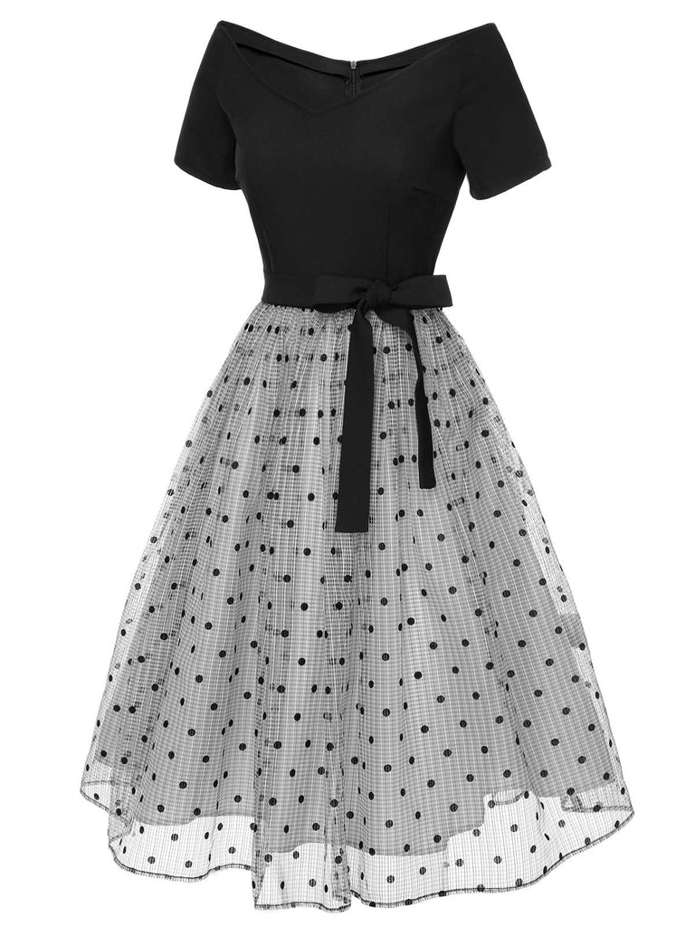 [Pre-Sale] Black 1950s Polka Dots Mesh Off-Shoulder Dress