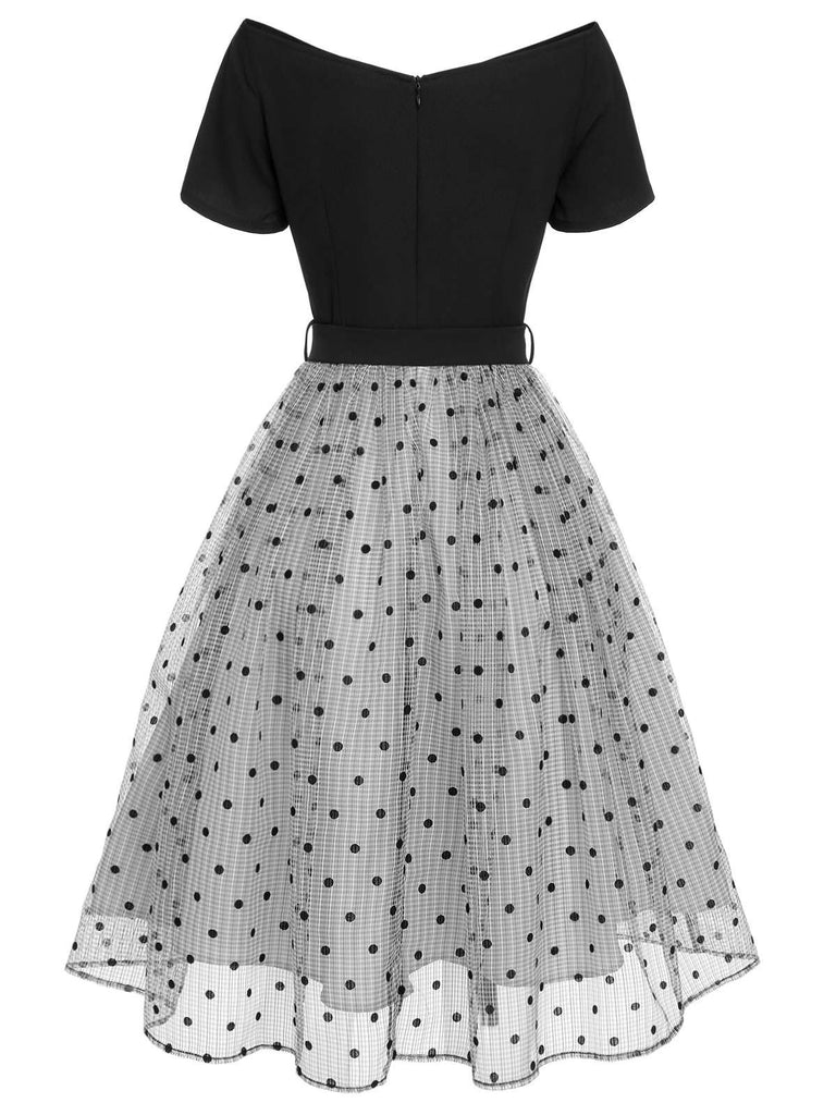 [Pre-Sale] Black 1950s Polka Dots Mesh Off-Shoulder Dress