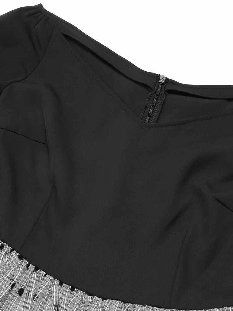[Pre-Sale] Black 1950s Polka Dots Mesh Off-Shoulder Dress