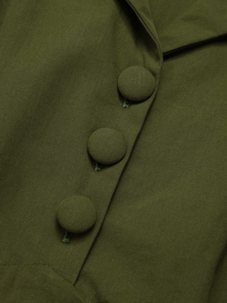 Army Green 1940s Lapel Buttoned Solid Dress