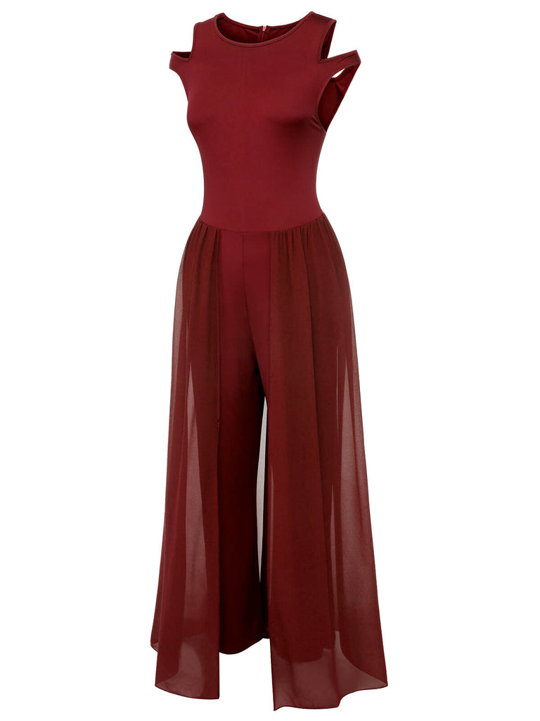 1950s Solid Patchwork Sleeveless Cutout Jumpsuit