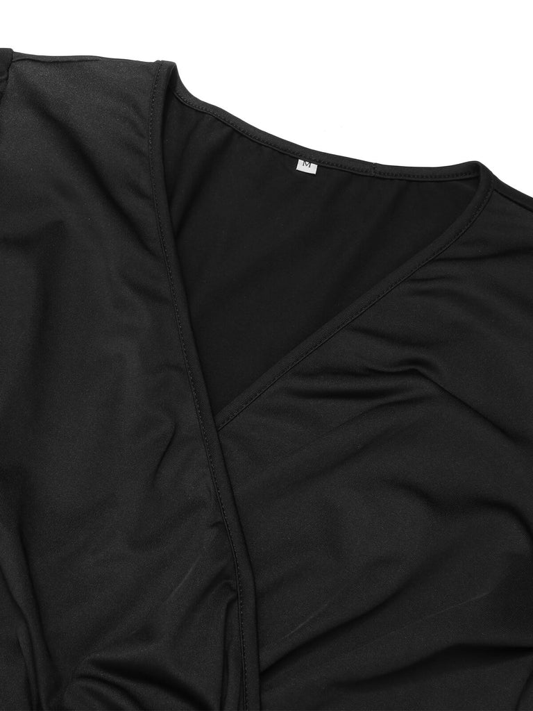 1950s Solid Sheer Sleeves V-Neck Jumpsuit