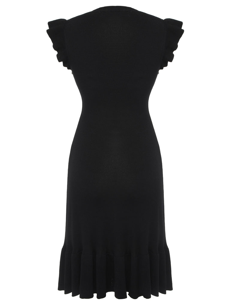 Black 1930s Ruffled Sleeves Mermaid Dress