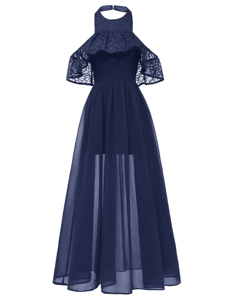 1940s Solid Lace Cold-Shoulder Long Dress
