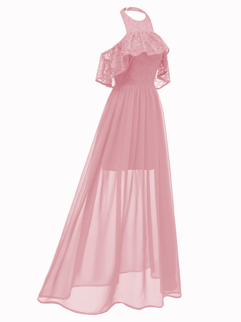 1940s Solid Lace Cold-Shoulder Long Dress