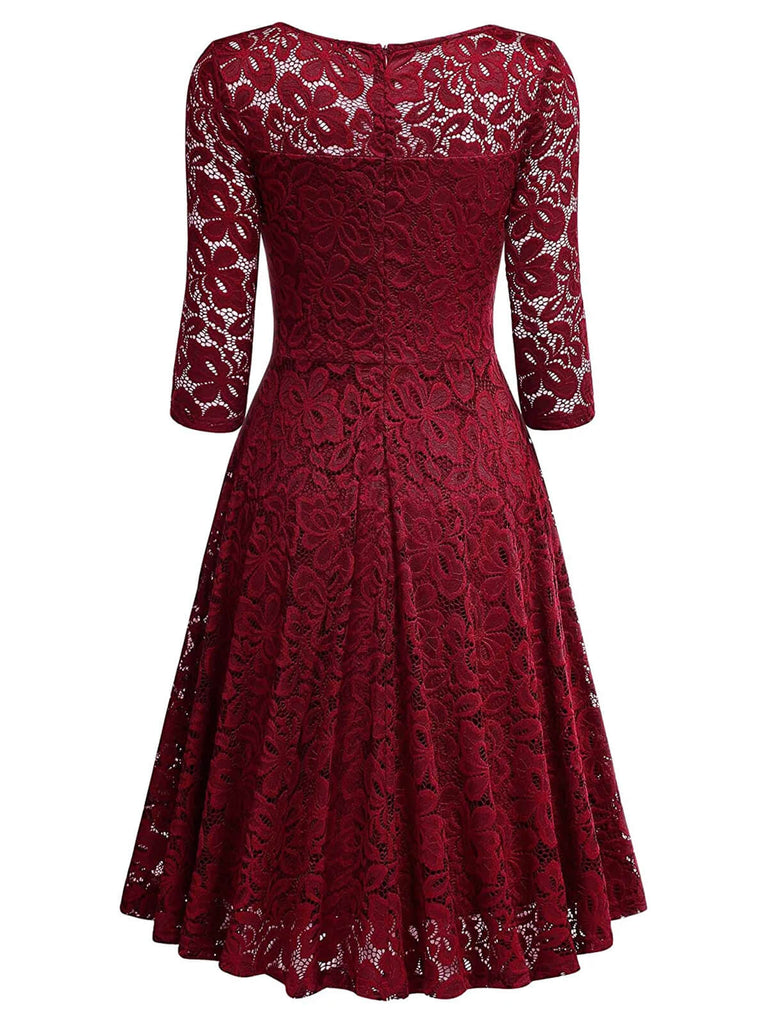 1940s Solid Floral Border Collar Dress