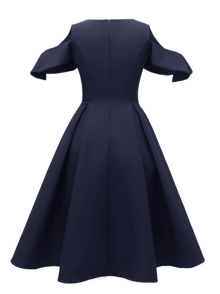 1950s Cold-Shoulder Patchwork Solid Dress