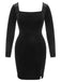 [Plus Size] Black 1940s Solid Square Neck Velvet Dress