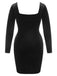 [Plus Size] Black 1940s Solid Square Neck Velvet Dress