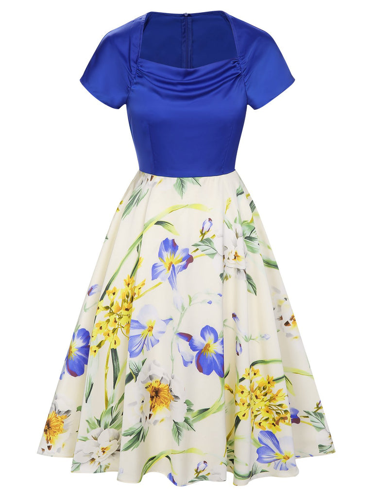 1950s Flowers Cowl Neck Patchwork Dress