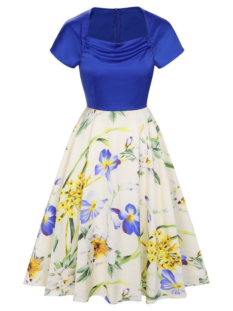 [Pre-Sale] 1950s Flowers Cowl Neck Patchwork Dress