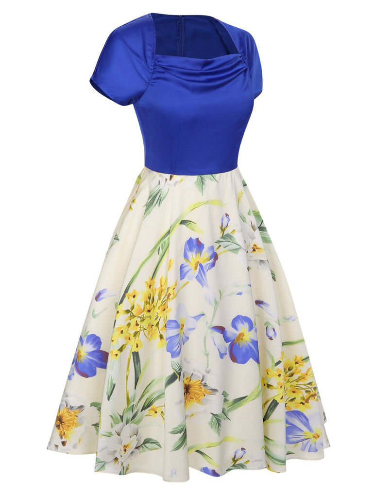 1950s Flowers Cowl Neck Patchwork Dress