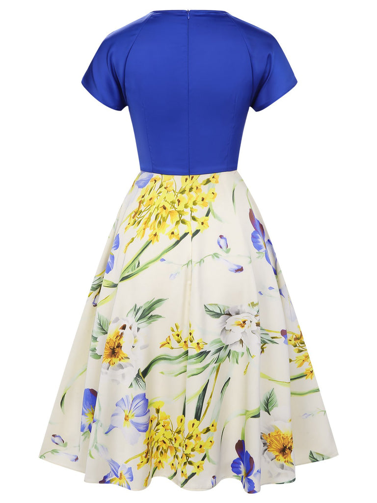 1950s Flowers Cowl Neck Patchwork Dress