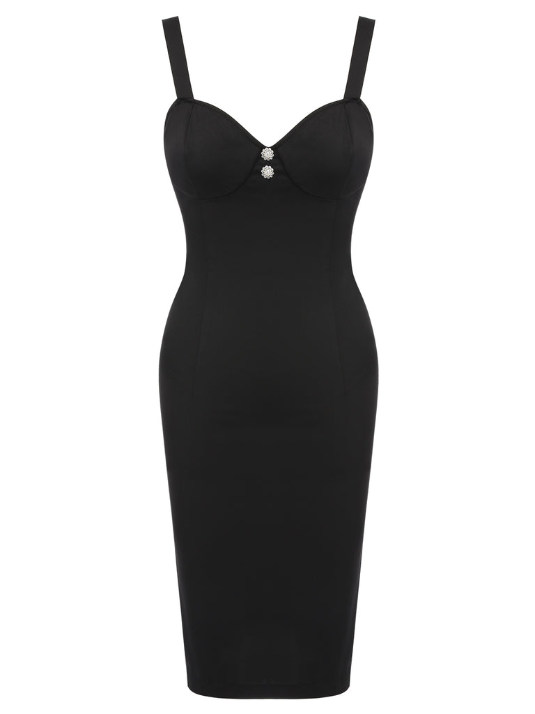 Black 1960s Solid Pearl Buttons Suspender Dress