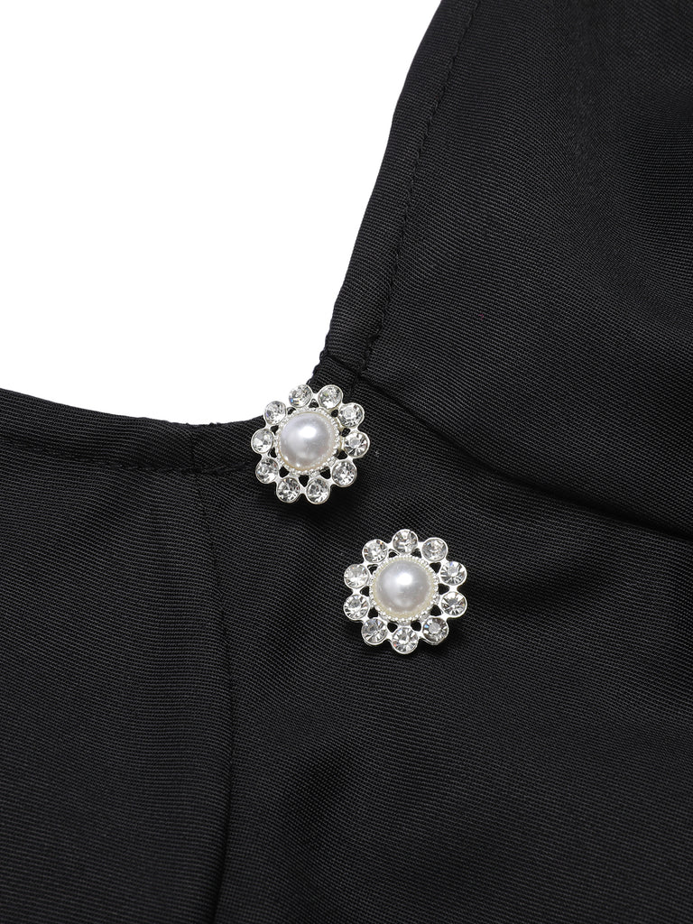 Black 1960s Solid Pearl Buttons Suspender Dress