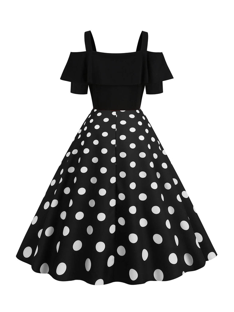 1950s Black Patchwork Polka Dot Strap Dress