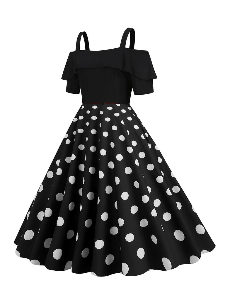 1950s Black Patchwork Polka Dot Strap Dress