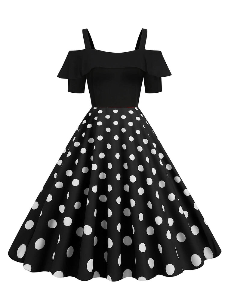 1950s Black Patchwork Polka Dot Strap Dress