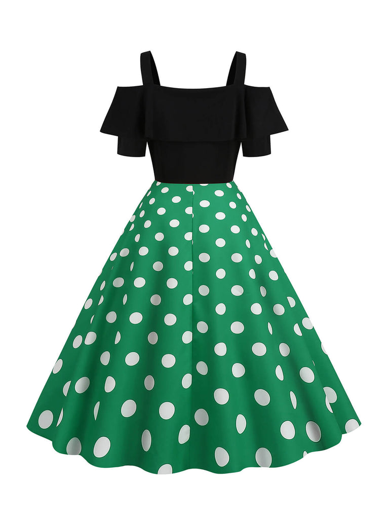 1950s Black Patchwork Polka Dot Strap Dress
