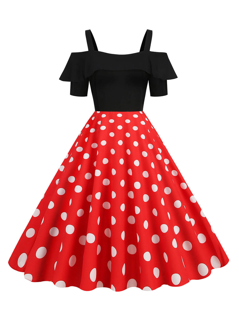 1950s Black Patchwork Polka Dot Strap Dress