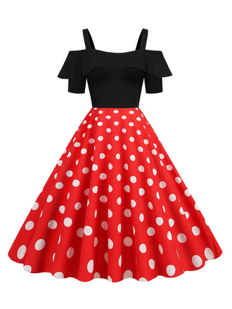 1950s Black Patchwork Polka Dot Strap Dress