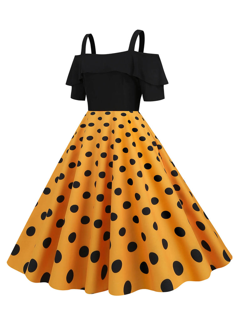 1950s Black Patchwork Polka Dot Strap Dress