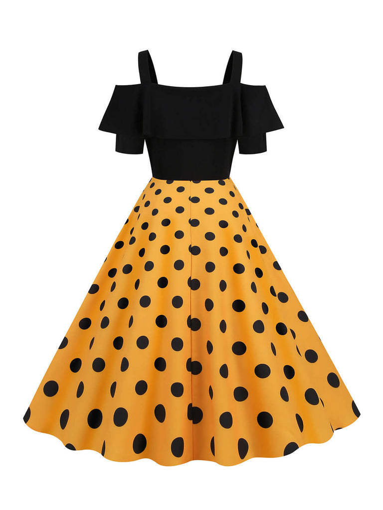 1950s Black Patchwork Polka Dot Strap Dress