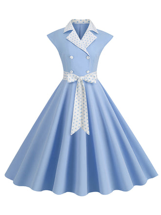 1950s Contrast Polka Dots Bowknot Belted Dress