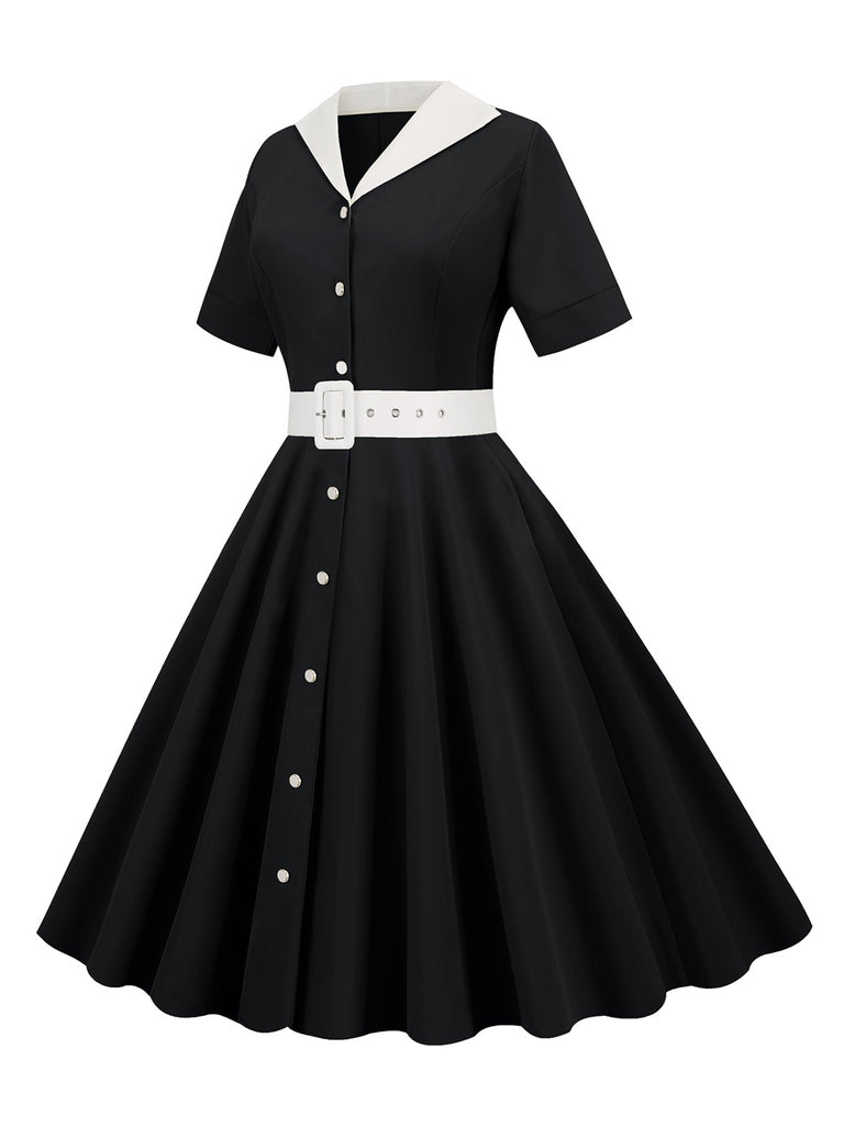 1950s Solid Contrast Lapel Belt Dress