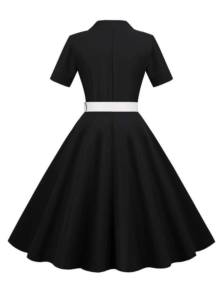 1950s Solid Contrast Lapel Belt Dress