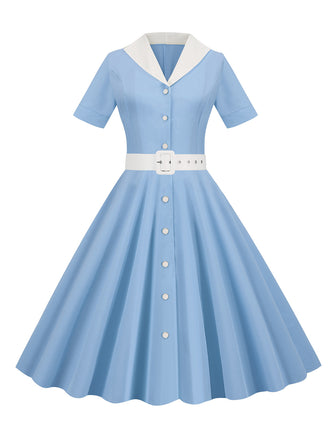 1950s Solid Contrast Lapel Belt Dress