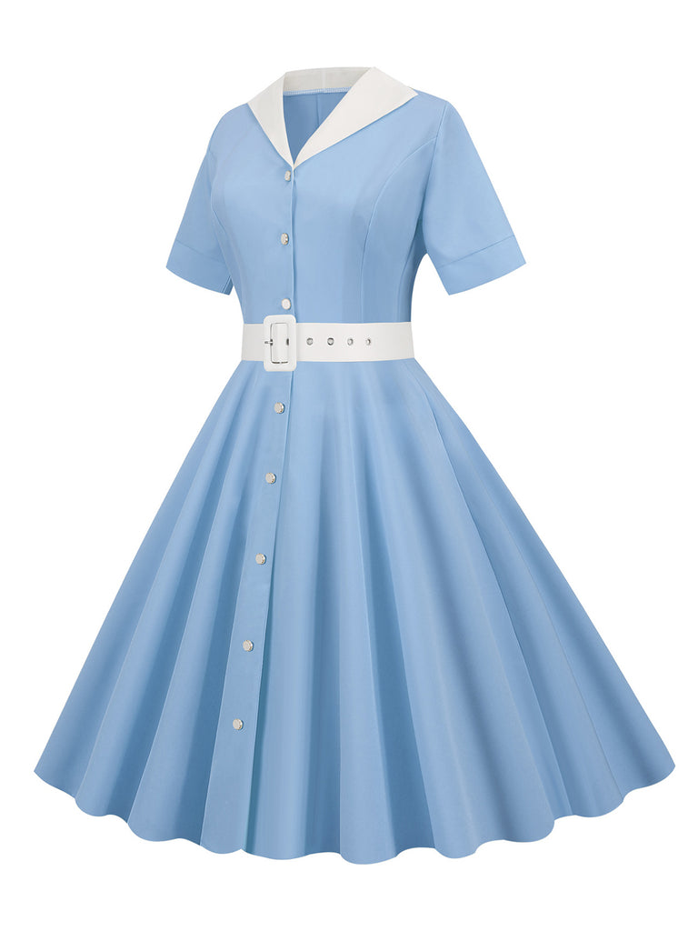 1950s Solid Contrast Lapel Belt Dress
