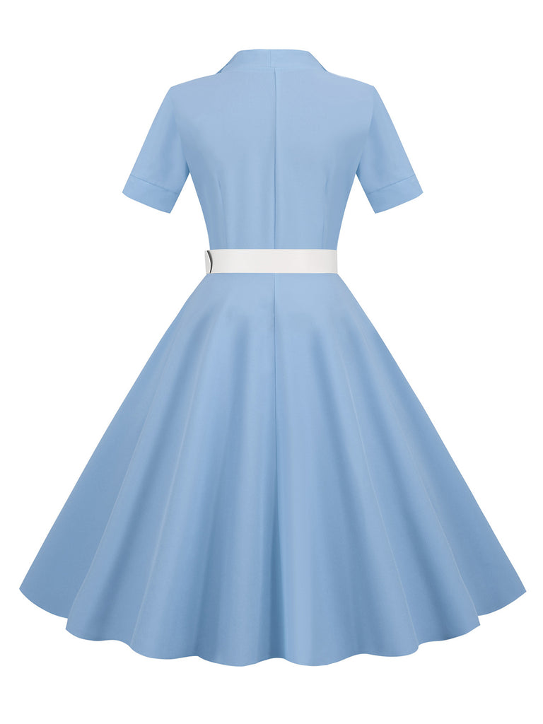 1950s Solid Contrast Lapel Belt Dress