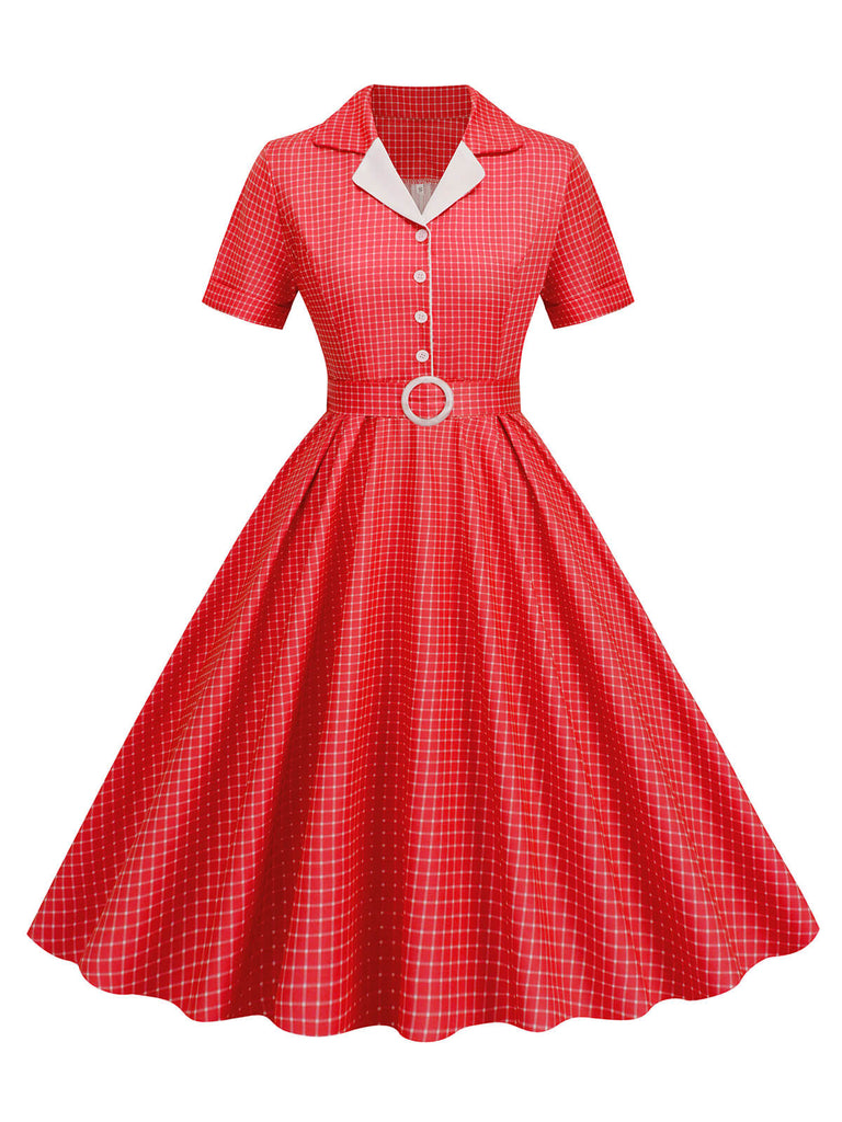1950s Window Pane Plaid Lapel Swing Dress