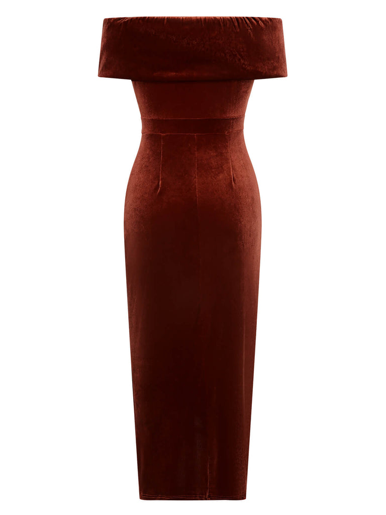 Caramel Color 1960s Off-Shoulder Tulip Velvet Dress